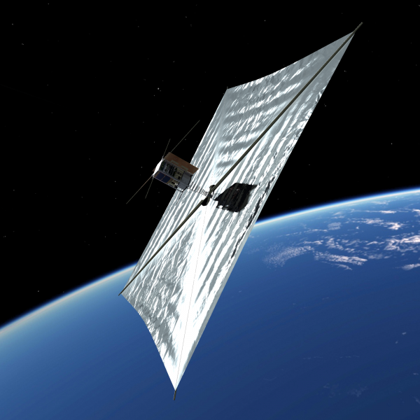 Wizualizacja satelity PW-Sat2 na orbicie z otwartym żaglem deorbitacyjnym. Autor: Marcin Świetlik